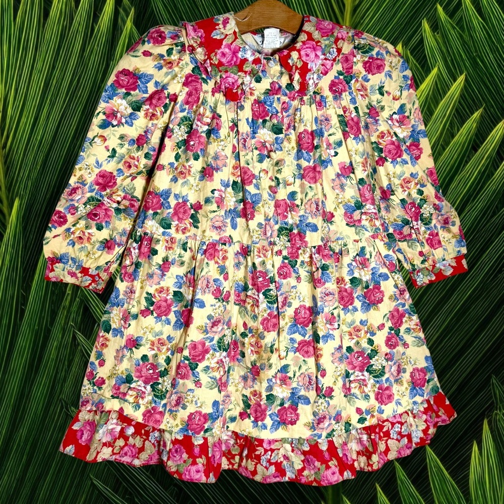 Vintage Kawala Floral Girls Size 6 Dress made in USA Ruffle Hem Long Sleeves Fun